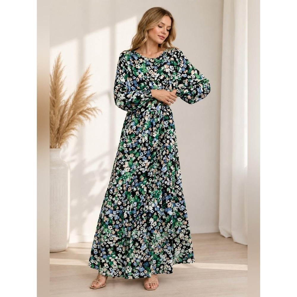 H&M Floral Maxi Shirt Dress XS Blue Green Long Sleeve Cottagecore